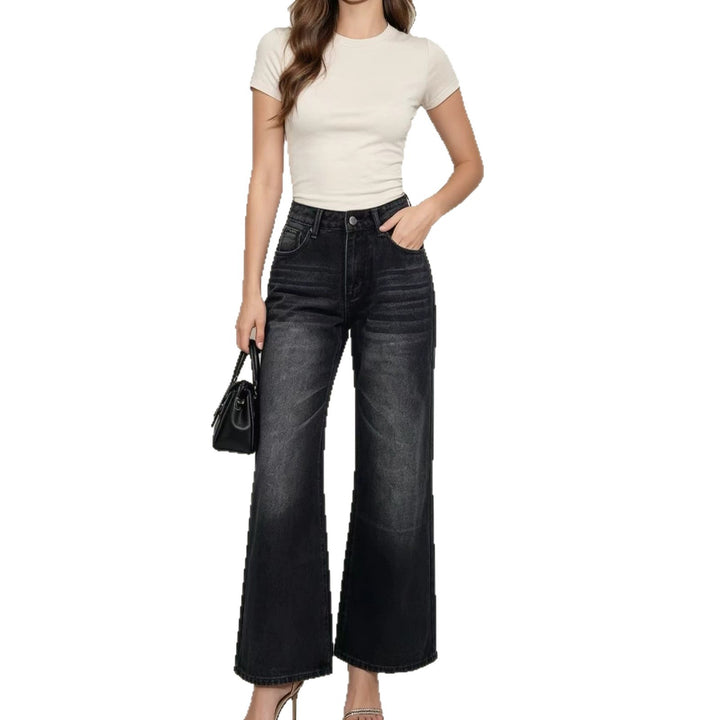 Damen nan High‑Waist Flared-Jeans mit weitem Bein, taillierender Bundnaht und dezenter Used-Struktur Echo Archiv