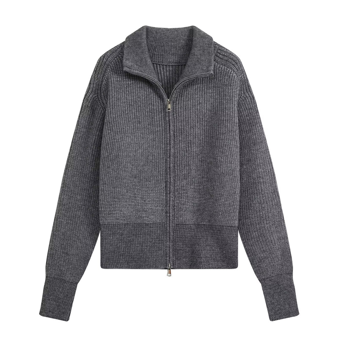 Damen Zweiteiliges Strickset mit Reißverschluss-Cardigan, Stehkragen und weitem Bein Echoarchiv