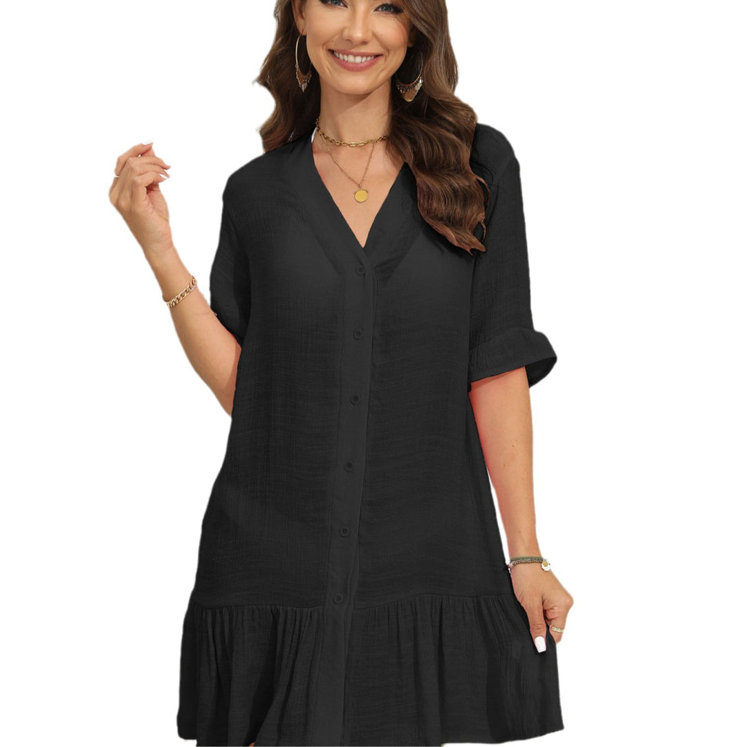 Damen sommerliches Strandkleid mit kurzen Ärmeln und Rüschensaum Echo Archiv