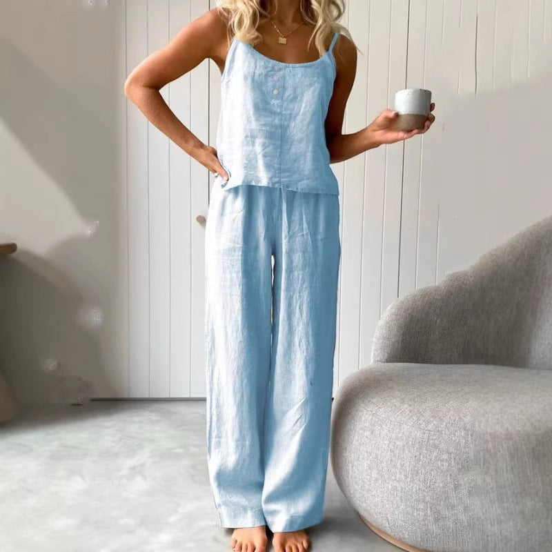 Damen lässiges Leinen-Set mit Trägershirt und weiten Hosen Echo Archiv