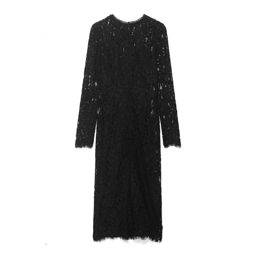 Damen Figurbetontes Midikleid aus floraler Spitze mit langen Ärmeln und Scallop-Saum Echoarchiv