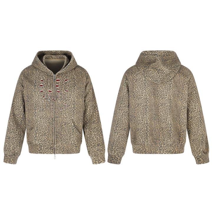 Damen Kapuzenjacke im Boxy‑Cut mit Leo‑Print und distressed Stickerei Echoarchiv