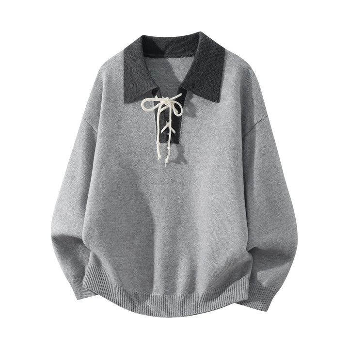 Herren Oversize Strickpullover mit Hemdkragen, Kordelhalsschließe & gerippten Abschlüssen Echoarchiv