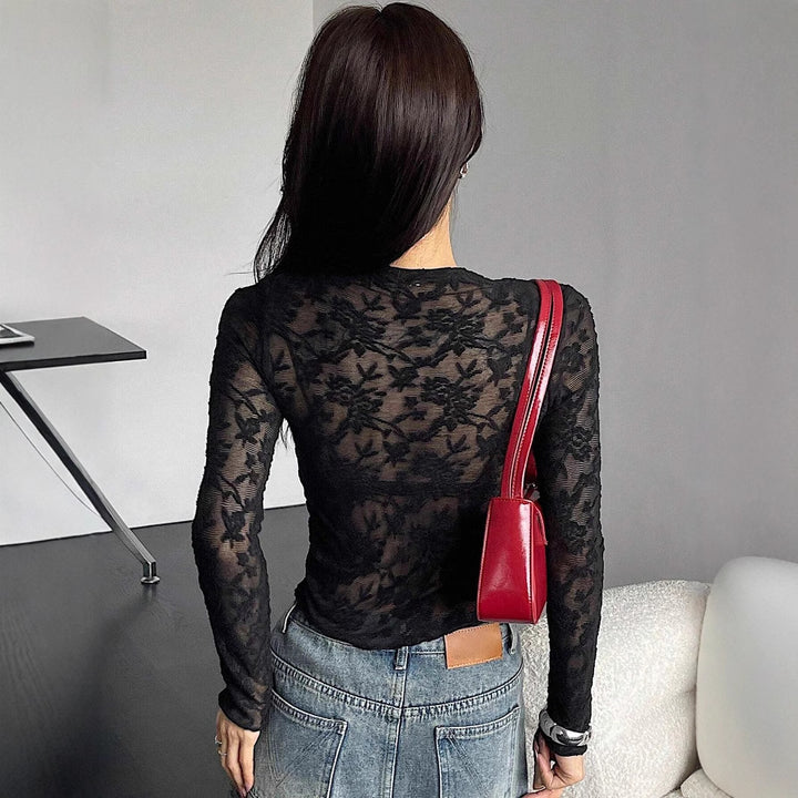 Damen nan eng anliegendes Spitzen-Langarmshirt mit floraler Ajour-Spitze, leicht transparent und Stehkragen Echo Archiv