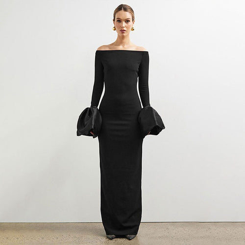Damen Elegantes Langarm-Maxikleid mit Off-Shoulder-Ausschnitt und Rüschendetails Echo Archiv