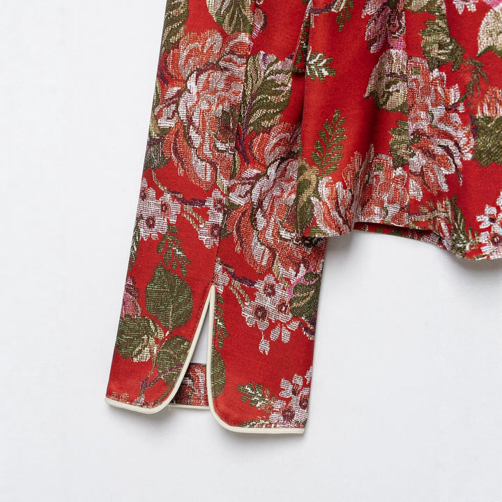 Damen Brokat-Cropped-Blazer mit floraler Jacquardstruktur und Kontrastpaspel Echoarchiv