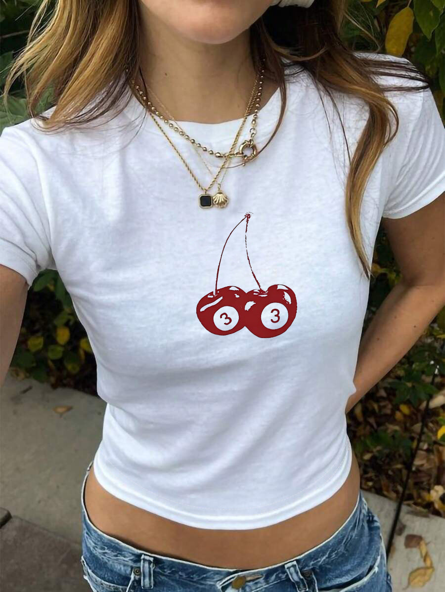 Damen Crop-T-Shirt mit fröhlichem Kirschmotiv und lässigem Schnitt Echo Archiv