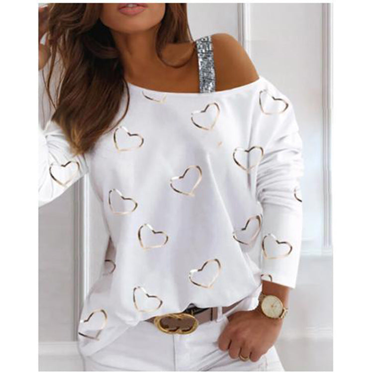 Damen Off-Shoulder Strickpullover mit Herzprint und Paillettenträger Echoarchiv