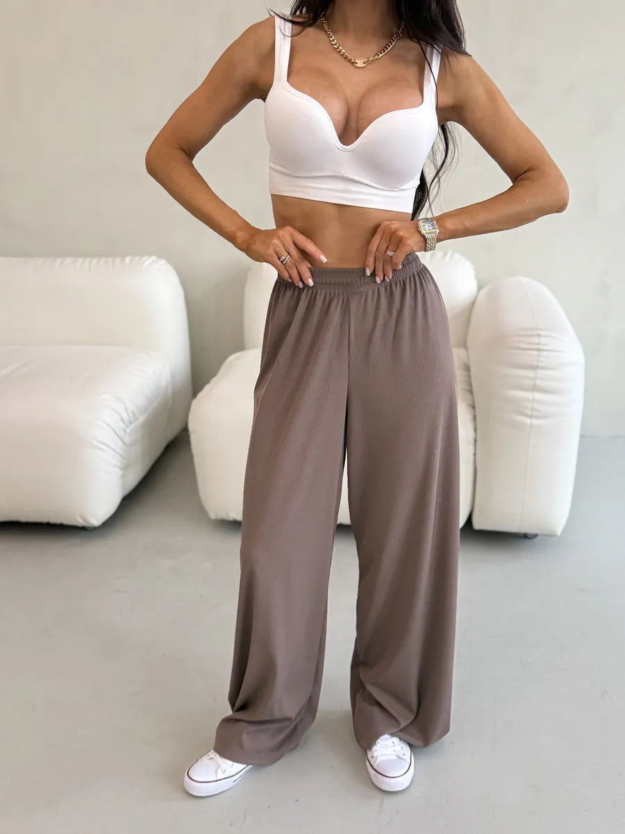Damen weite High-Waist Palazzo-Hose aus geripptem Jersey mit elastischem Bund – Avélisse