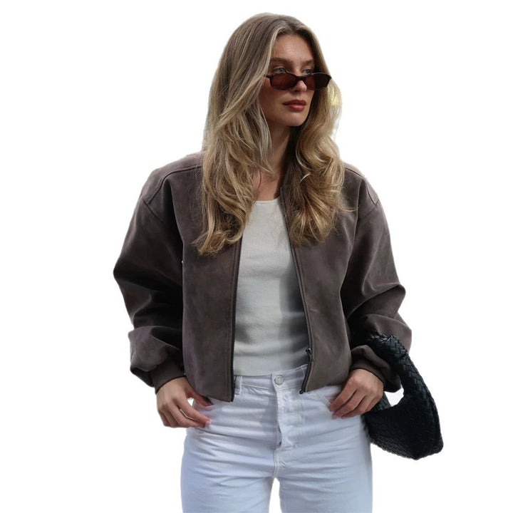 Damen Kurze Boxy-Suede-Bomberjacke mit Stehkragen und gerippten Bündchen Echoarchiv