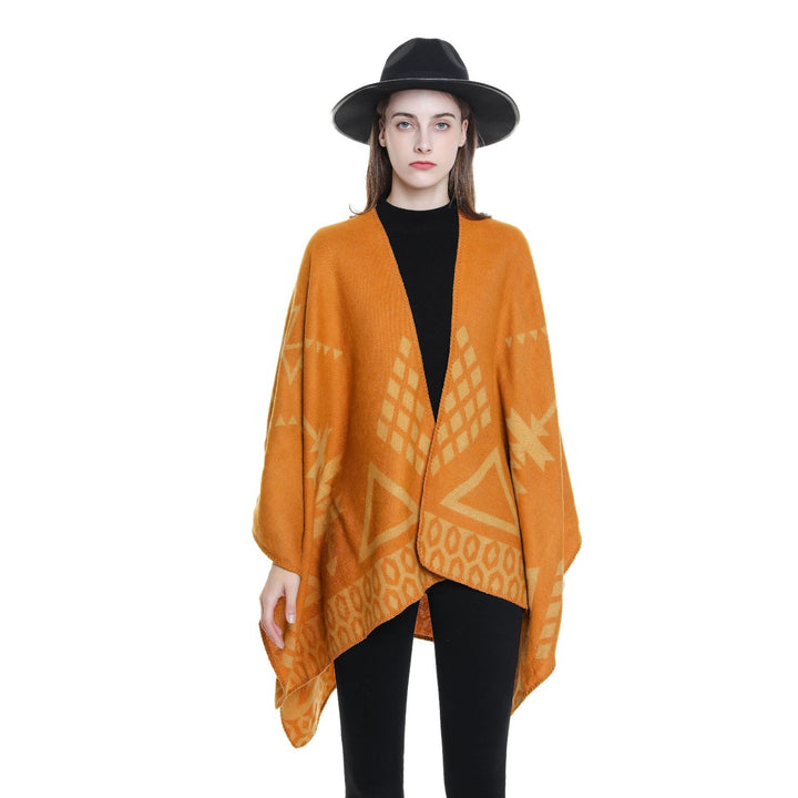 Damen Ruana‑Poncho im Oversize mit Kaschmir‑Touch, geometrischem Jacquard und offener Kimono‑Silhouette – Célinea