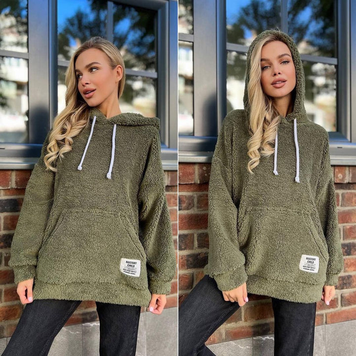 Damen Kuscheliger Teddy-Hoodie mit Kapuze, Kängurutasche und Oversize-Schnitt Echoarchiv