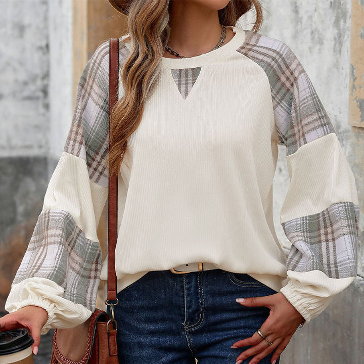 Damen Oversize-Longsleeve mit karierten Chiffon-Raglanärmeln und gerafften Manschetten Echoarchiv