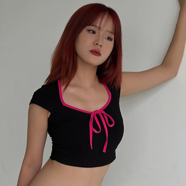 Damen cropped T-Shirt mit dekorativem Bindeband Echo Archiv