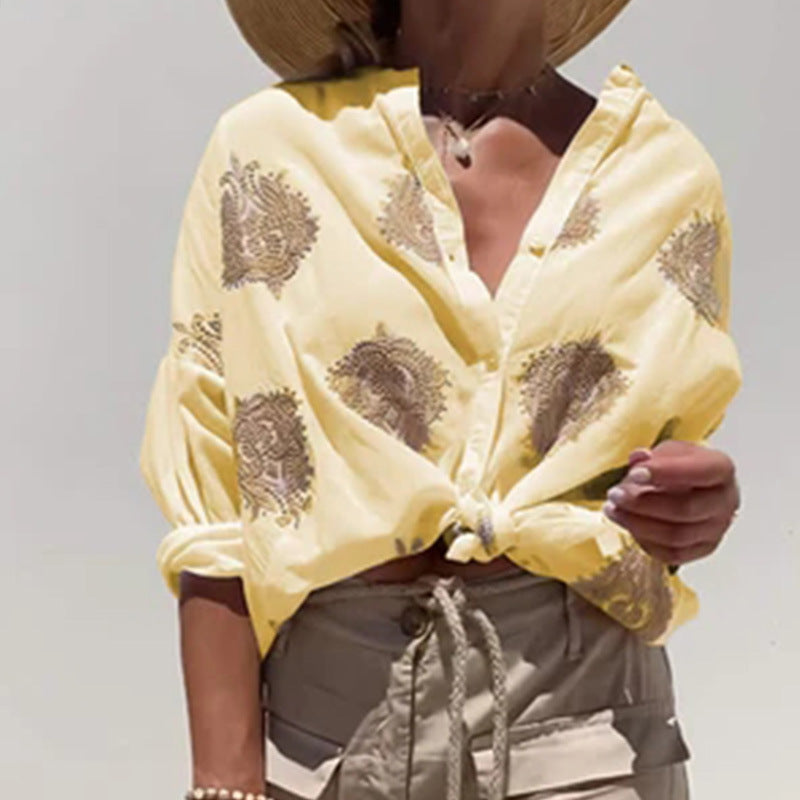 Damen Boho Leinen Bluse mit Perlenstickerei und Knotenband Echoarchiv