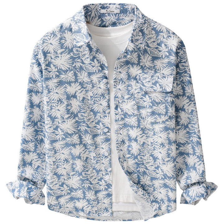 Damen Leichtes Blumenprint-Overshirt aus Leinen-Baumwollmix mit Kentkragen und Brusttasche Echoarchiv
