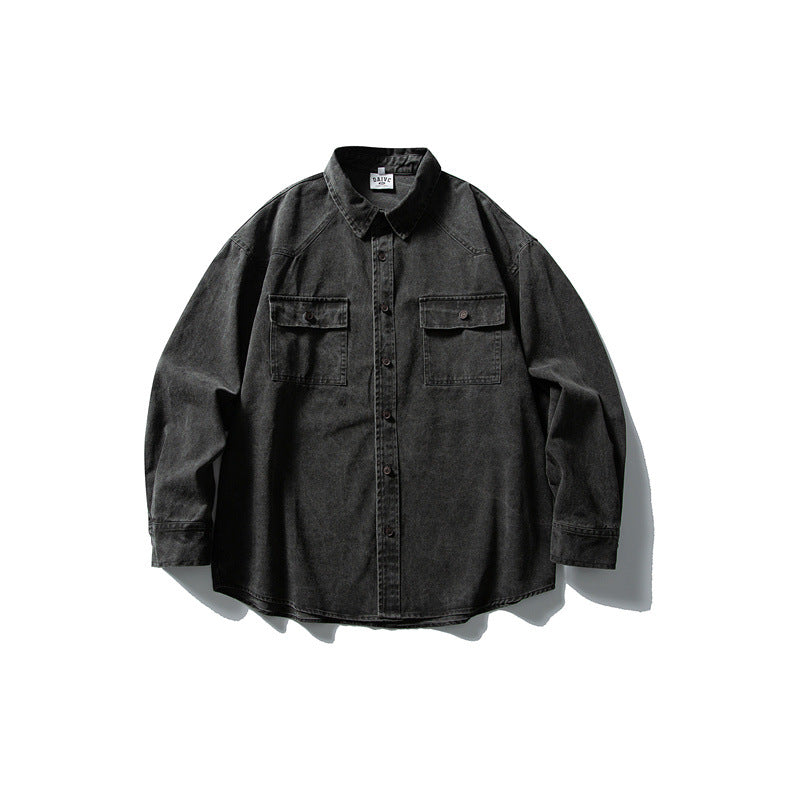 Unisex Oversize Baumwoll-Denim Hemdjacke mit aufgesetzten Brusttaschen und gerundetem Saum Echoarchiv