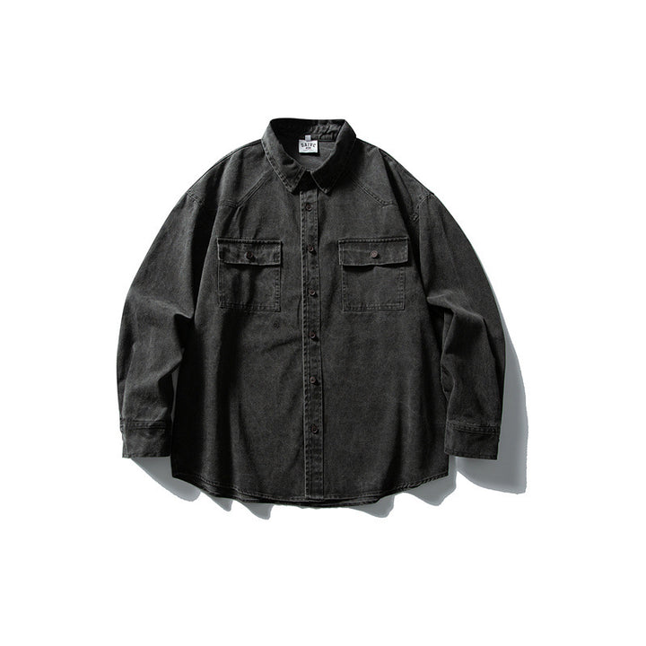 Unisex Oversize Baumwoll-Denim Hemdjacke mit aufgesetzten Brusttaschen und gerundetem Saum Echoarchiv