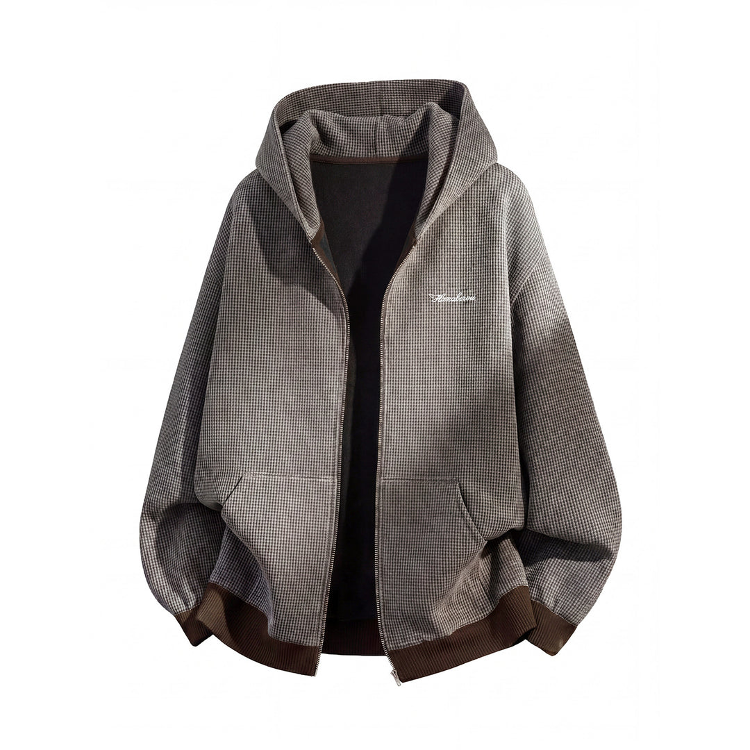 Unisex Oversize Kapuzen-Zipperjacke mit Hahnentrittstruktur und Rippbündchen Echo Archiv