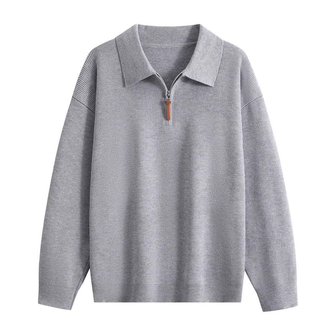 Damen Oversize Rippstrick-Pullover mit Polokragen & Kurz‑Zip Echoarchiv