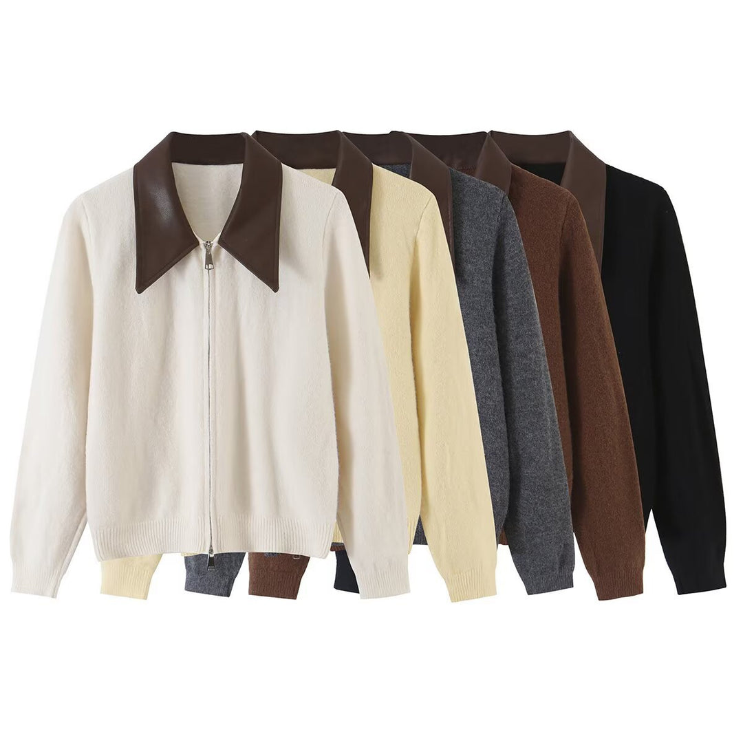 Damen Kurzer Wollmix-Cardigan mit Reißverschluss und kontrastierendem Kunstlederkragen Echoarchiv