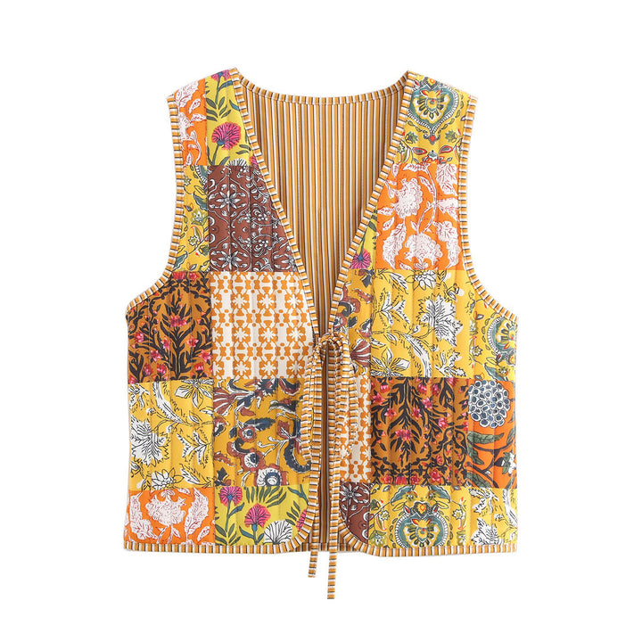 Damen Gesteppte Weste mit Toile‑Print, gestreifter Innenverarbeitung und Kordelbindung Echo Archiv