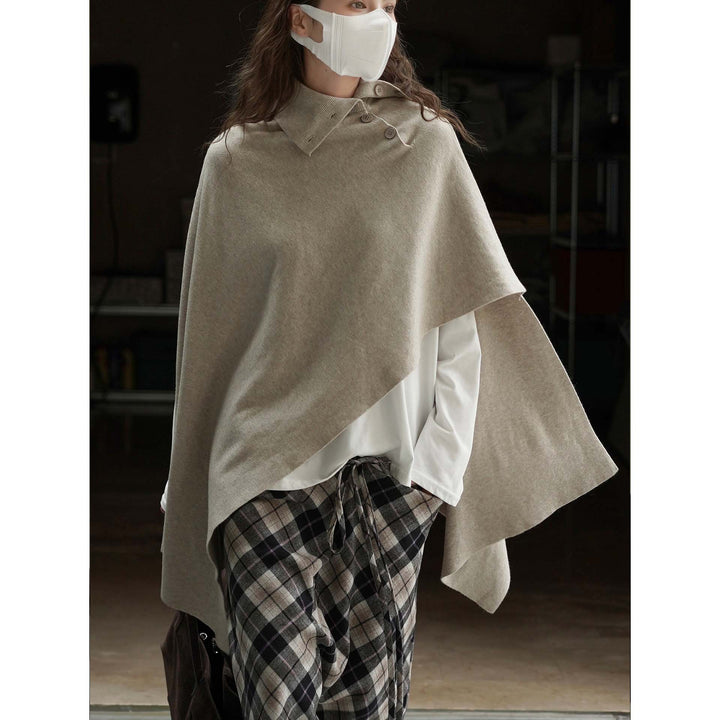 Damen Asymmetrisches Strickponcho mit Knopfkragen und Oversize-Silhouette Echoarchiv