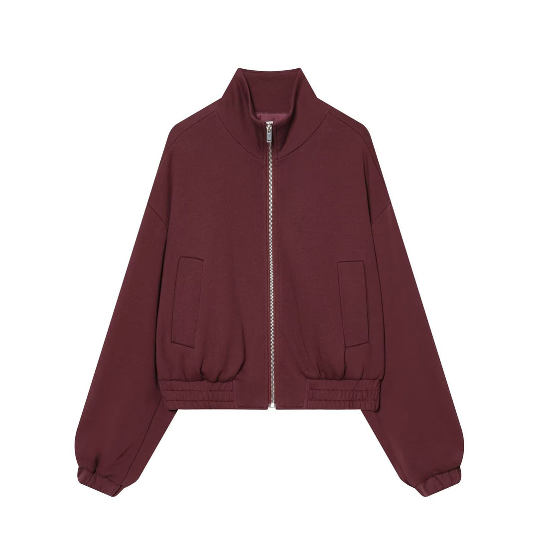 Damen Cropped Sweat-Bomberjacke mit hohem Stehkragen und elastischem Taillenbund Echoarchiv