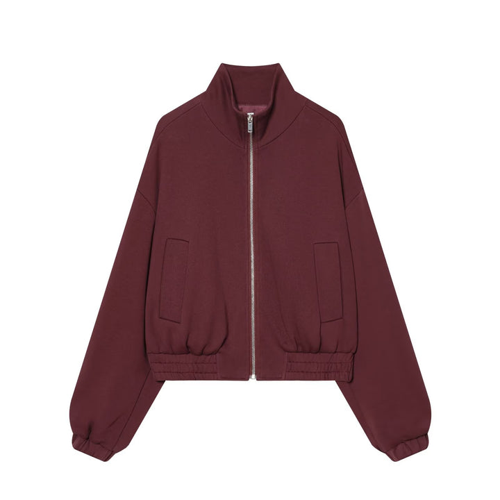 Damen Cropped Sweat-Bomberjacke mit hohem Stehkragen und elastischem Taillenbund Echoarchiv