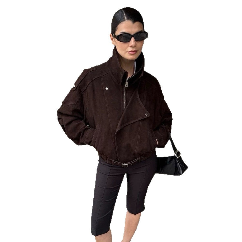 Damen Kurze Veloursleder-Bomberjacke mit hohem Stehkragen und Taillengürtel Echoarchiv