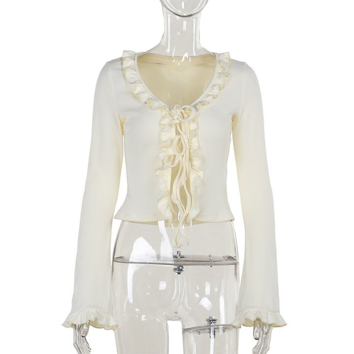Damen Kurzes Rüschen-Longsleeve mit V-Ausschnitt und Schnürdetail – Avérine