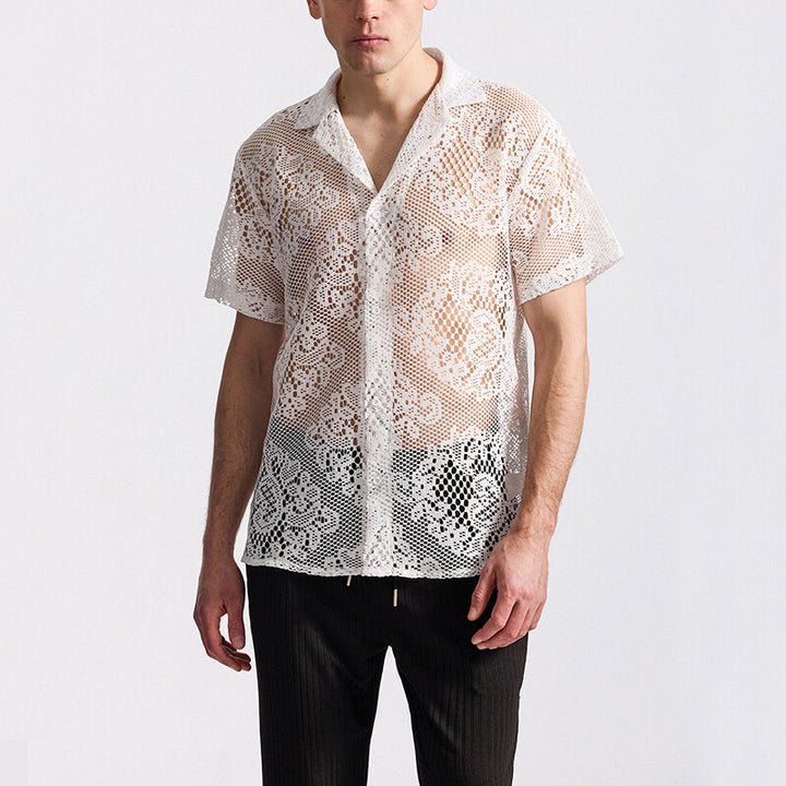 Herren Designer-Hemd aus transparentem Häkelmaterial mit floralem Muster Echoarchiv