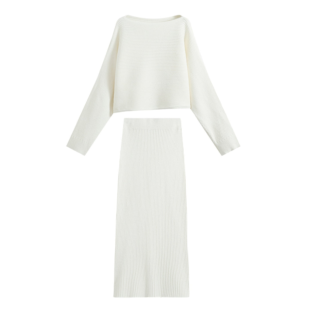 Damen Zweiteiliges Rippstrick-Set mit kurzem Pullover und Midirock Echoarchiv
