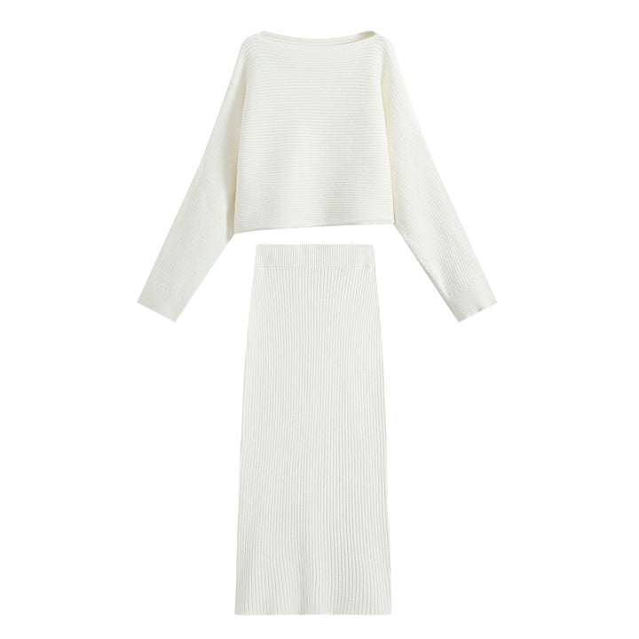 Damen Zweiteiliges Rippstrick-Set mit kurzem Pullover und Midirock Echoarchiv