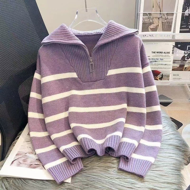 Damen Gestreifter Halb-Reißverschluss Strickpullover mit Rippenkragen – Mavelle
