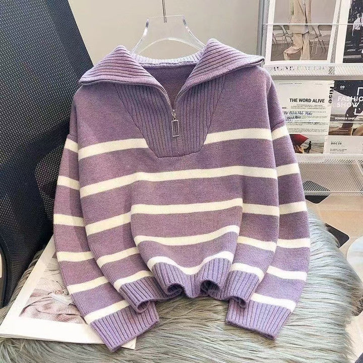 Damen Gestreifter Halb-Reißverschluss Strickpullover mit Rippenkragen – Mavelle