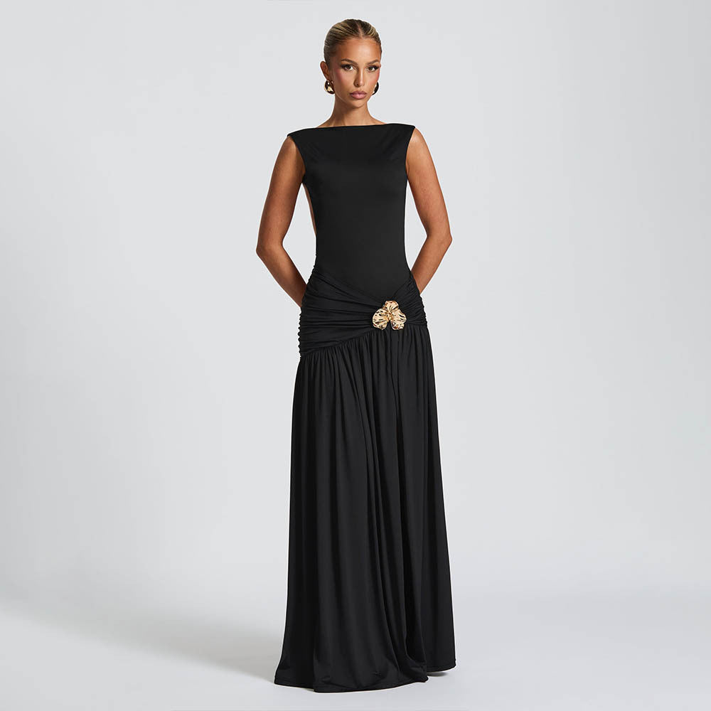 Damen Elegantes Maxikleid mit tailliertem Oberteil und einzigartiger Drapierung Echo Archiv
