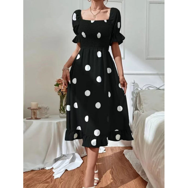 Damen Off-Shoulder Midi-Kleid mit Rüschensaum und Punkte-Design Echo Archiv