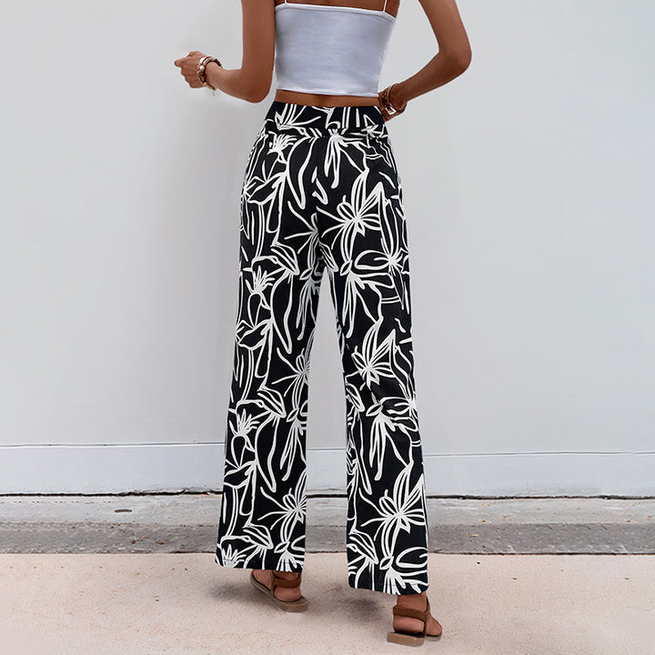 Damen Weite Leinenoptik-Hose mit hohem Bund und floralem Print Echoarchiv