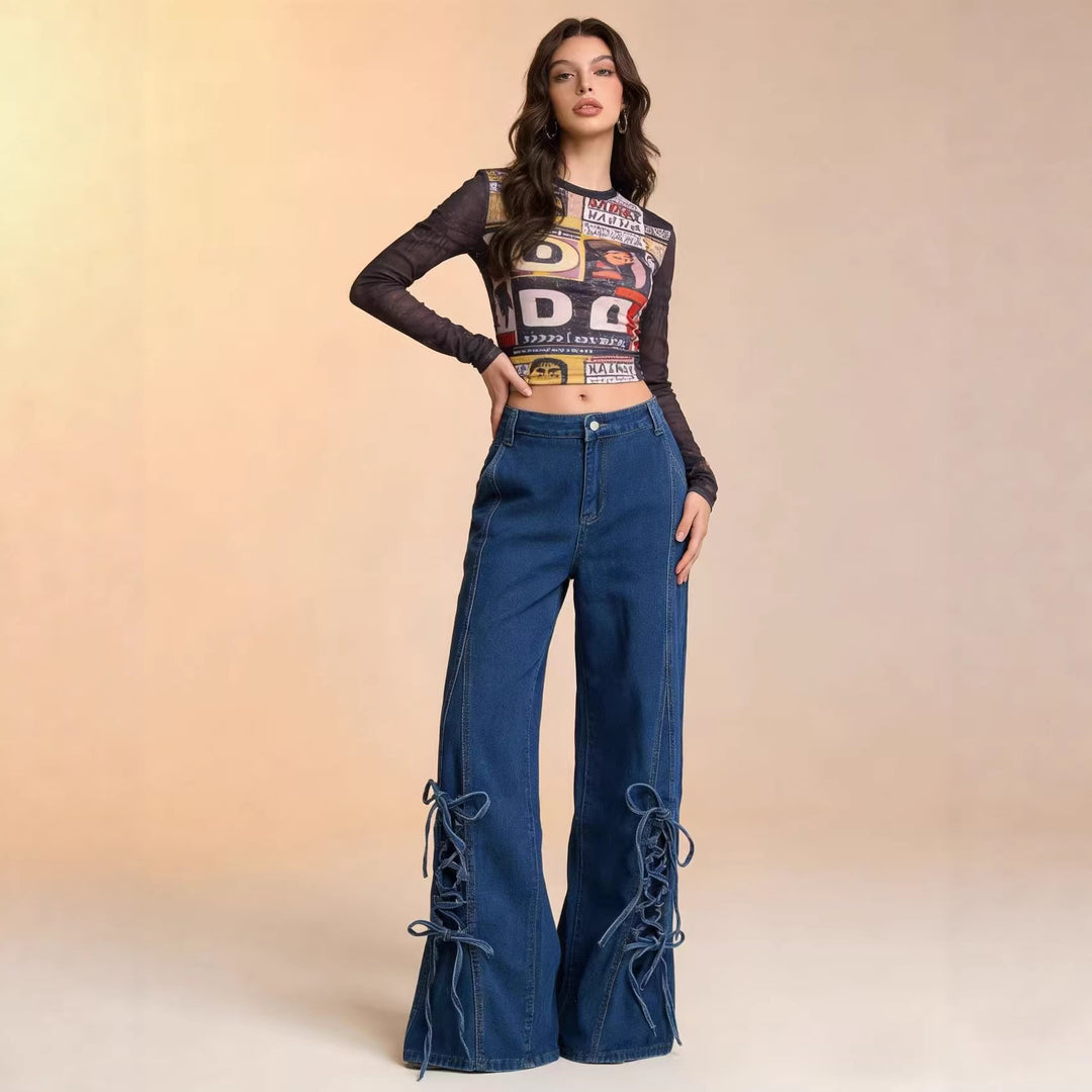 Damen Schlagjeans mit trendigem Schnürdetail und weitem Bein Echo Archiv