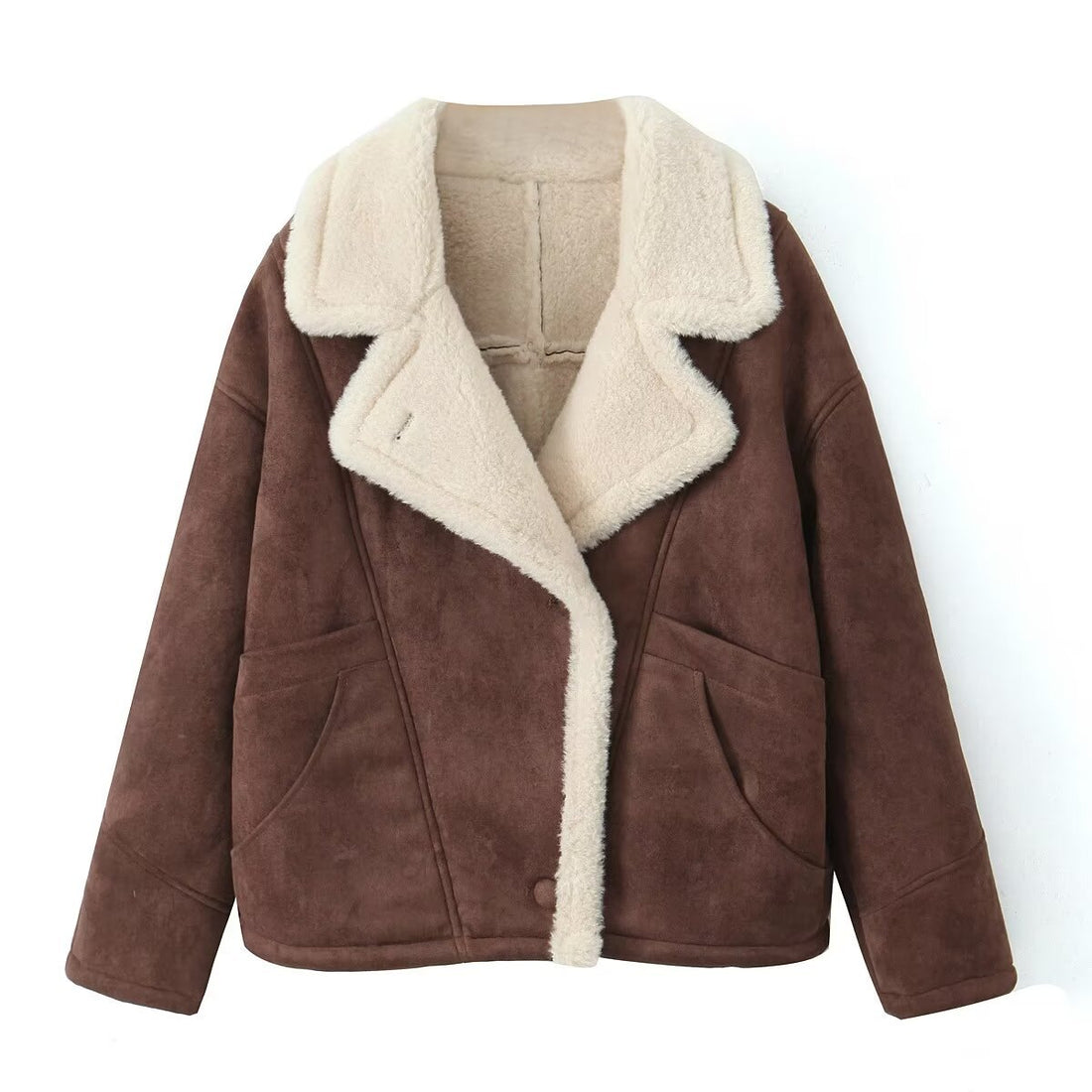Damen Oversized Kurzjacke aus Wildlederoptik mit Teddyfutter und großem Reverskragen Echoarchiv