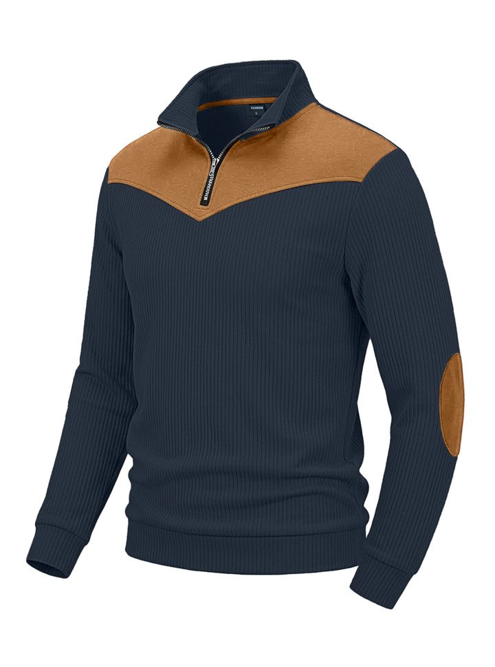 Herren Strickpullover mit Troyerkragen, Rippenstruktur und Ellbogen-Patches – Norvane