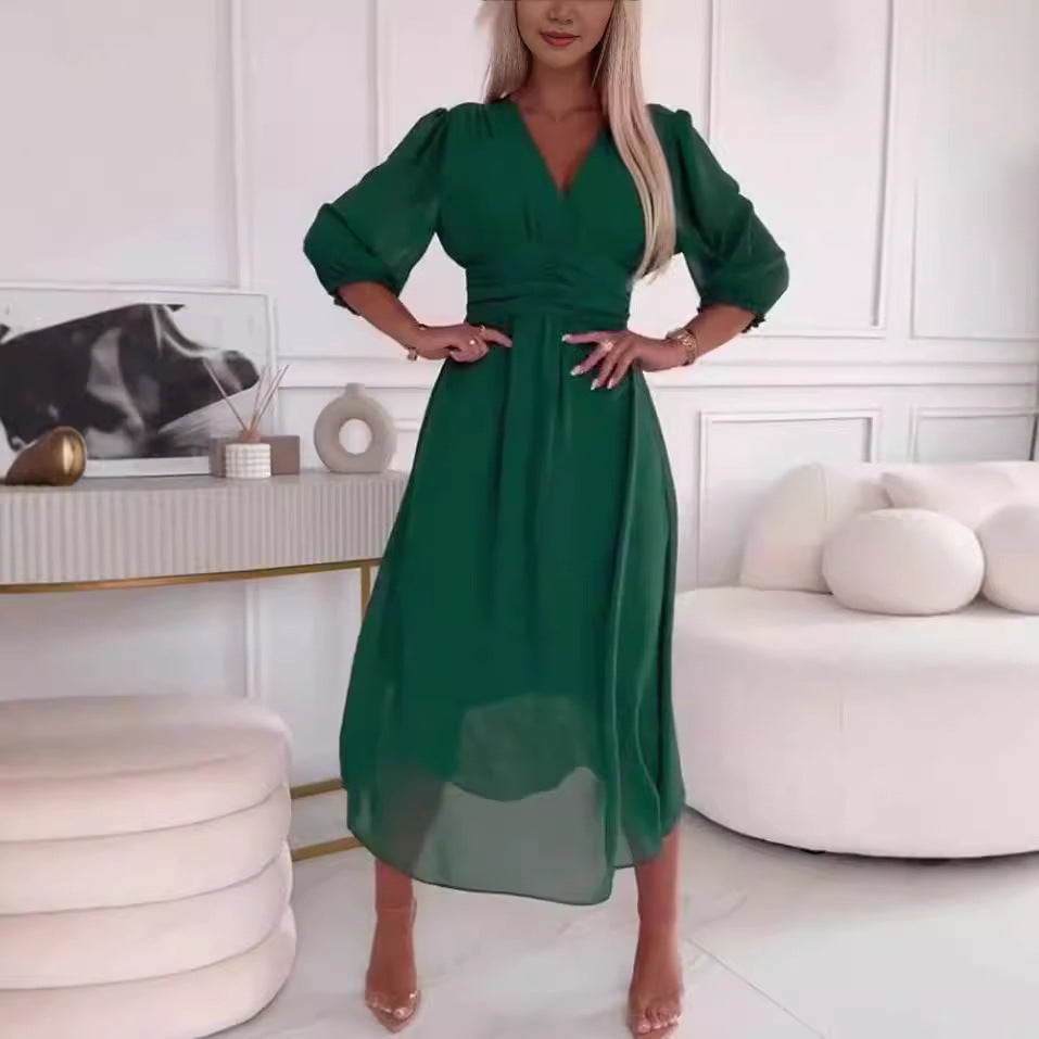 Damen Chiffon Maxi Kleid mit V-Ausschnitt, Rüschengesäß und 3/4 Ärmeln Echoarchiv