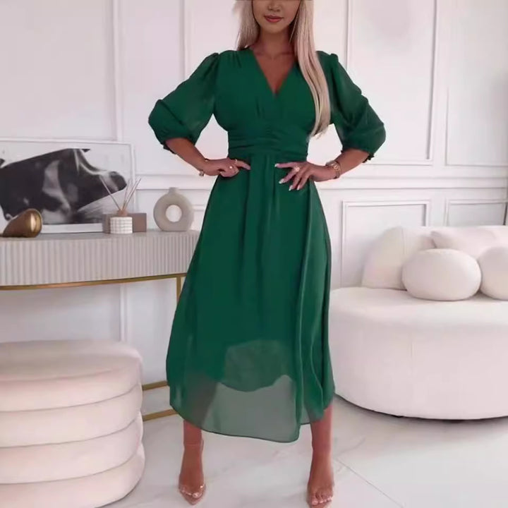 Damen Chiffon Maxi Kleid mit V-Ausschnitt, Rüschengesäß und 3/4 Ärmeln Echoarchiv