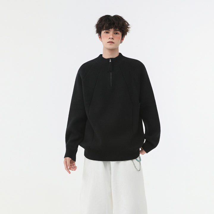 Herren Strick-Halbzip-Pullover mit Stehkragen und strukturierten Rippdetails Echoarchiv