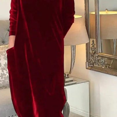 Damen Elegantes Samt Maxi Kleid mit Hohem Rollkragen, Seitentaschen und Lockere Silhouette Echoarchiv