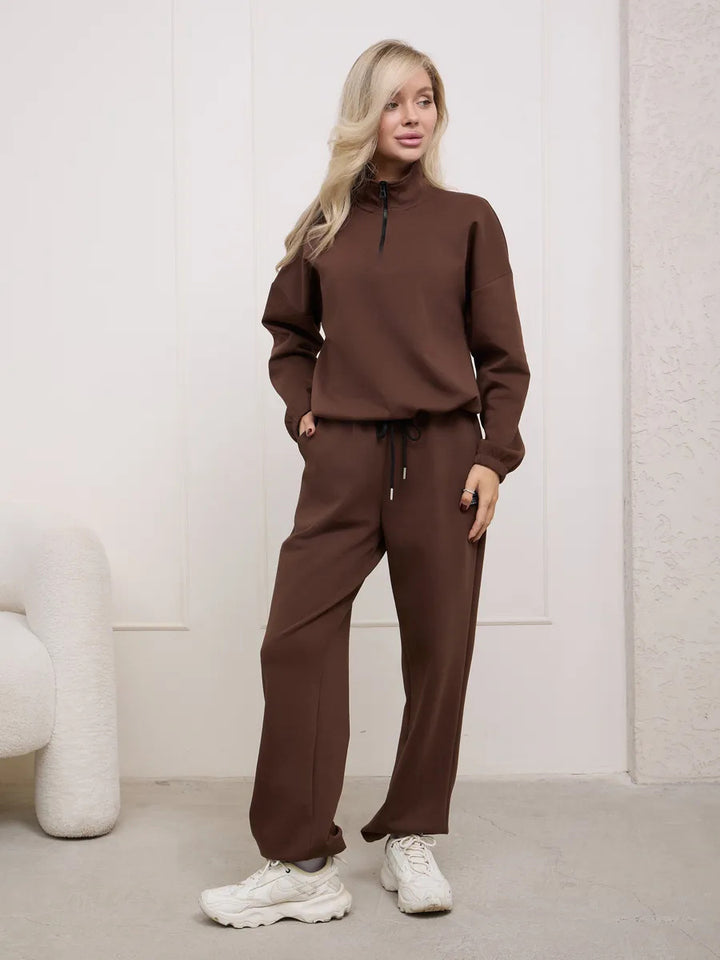 Damen weiches Lounge-Set mit halbem Reißverschluss, Kordelzughose und elastischen Bündchen – Avérine