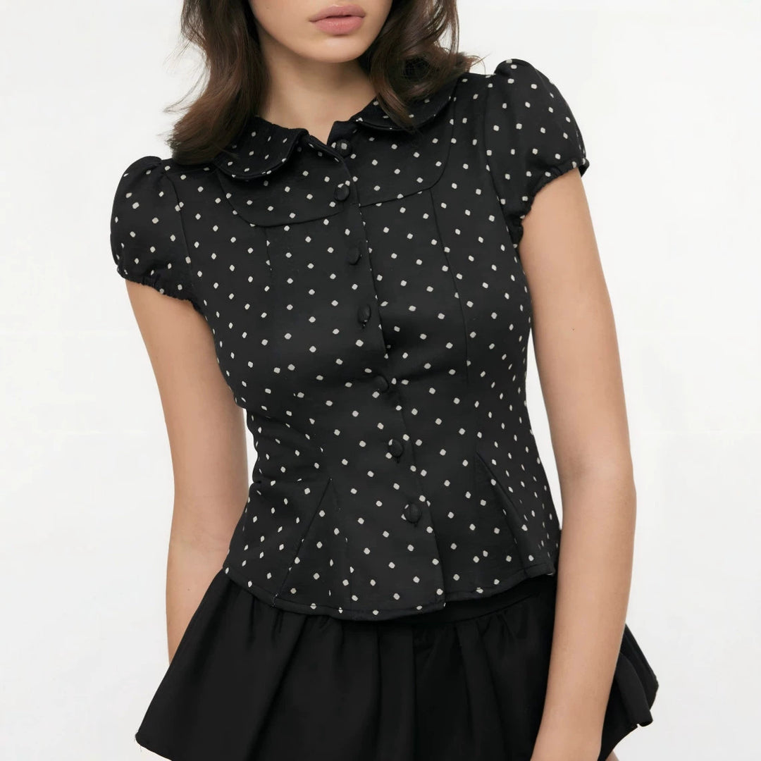 Damen Karo-Bluse mit Bubikragen, Taillierter Peplum-Silhouette und Puffärmeln – Élovi
