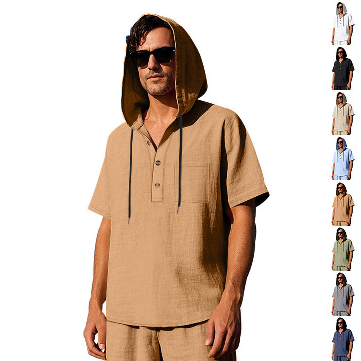 Herren lässiges Kapuzen-T-Shirt mit Knopfleiste und praktischer Brusttasche Echoarchiv