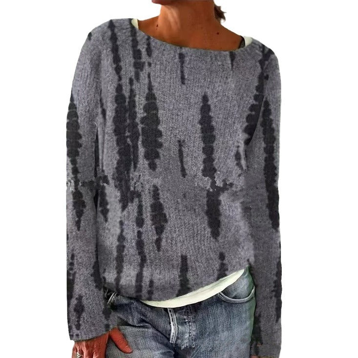 Damen nan melierter Rundhalsausschnittpullover mit kreisförmigem Jacquard-Yoke und geripptem Saum Echo Archiv